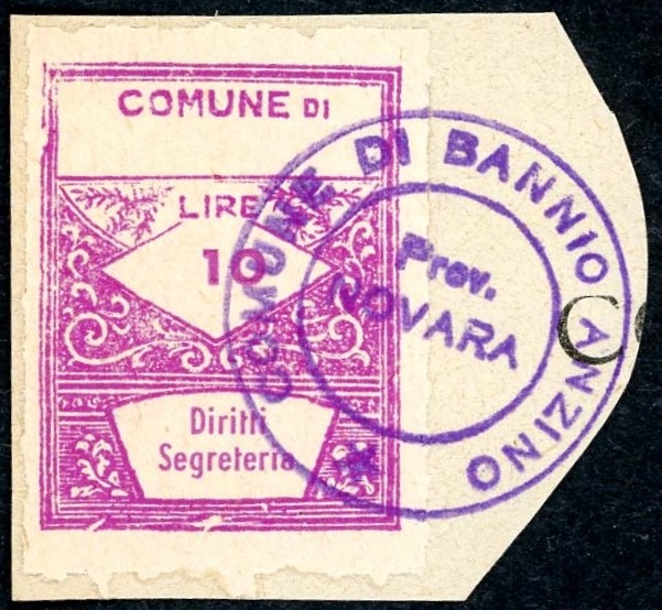 Marca da Bollo del Comune di BANNIO ANZINO su Carta Bianca di dimensioni 22 x 28 mm