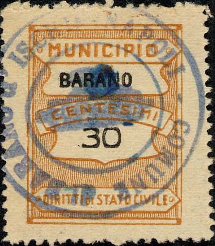 Marca da Bollo del Comune di BARANO D´ISCHIA su Carta Bianca Sottile di dimensioni 22,5 x 29 mm