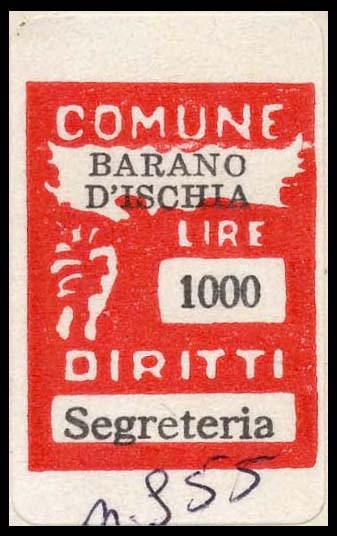 Marca da Bollo del Comune di BARANO D´ISCHIA su Carta Bianca di dimensioni 13 x 17,5 mm