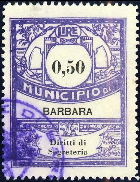 Marca da Bollo del Comune di BARBARA su Carta Bianca di dimensioni 22 x 28,5 mm