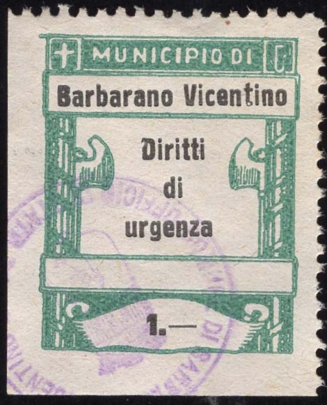 Marca da Bollo del Comune di BARBARANO VICENTINO su Carta Bianca di dimensioni 21 X 27 mm