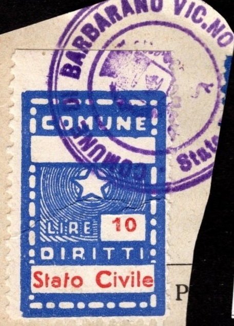 Marca da Bollo del Comune di BARBARANO VICENTINO su Carta Bianca di dimensioni 14 x 24 mm