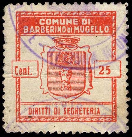 Marca da Bollo del Comune di BARBERINO DI MUGELLO su Carta Bianca Sottile di dimensioni 24,5 X 24 mm