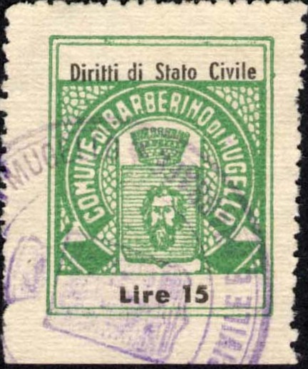 Marca da Bollo del Comune di BARBERINO DI MUGELLO su Carta Avana di dimensioni 21 x 26 mm