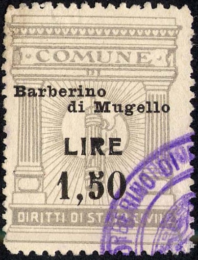 Marca da Bollo del Comune di BARBERINO DI MUGELLO su Carta Bianca di dimensioni 23 x 32 mm