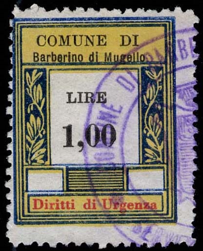 Marca da Bollo del Comune di BARBERINO DI MUGELLO su Carta Bianca Sottile di dimensioni 23 X 30 mm