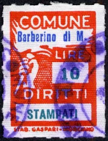 Marca da Bollo del Comune di BARBERINO DI MUGELLO su Carta Bianca di dimensioni 18,5 x 26 mm
