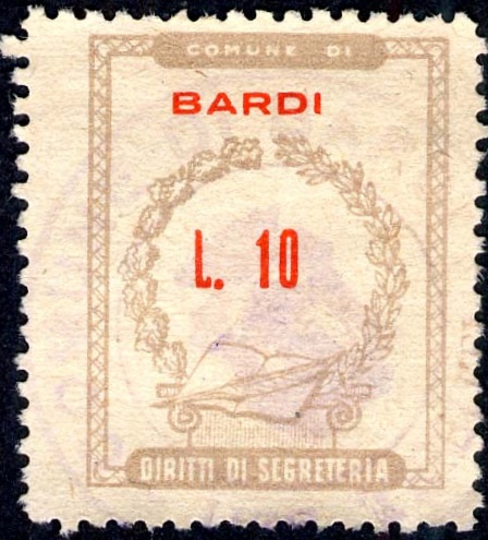 Marca da Bollo del Comune di BARDI su Carta Bianca di dimensioni 20,5 x 26,5 mm