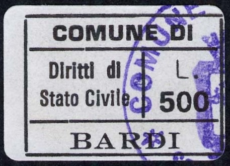 Marca da Bollo del Comune di BARDI su Carta Bianca di dimensioni 26,5 x 19 mm