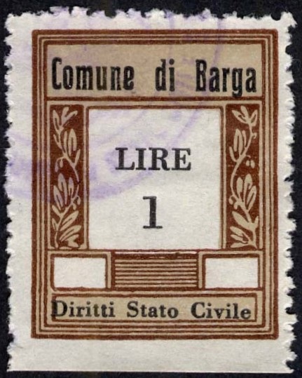 Marca da Bollo del Comune di BARGA su Carta Bianca di dimensioni 23 X 30 mm