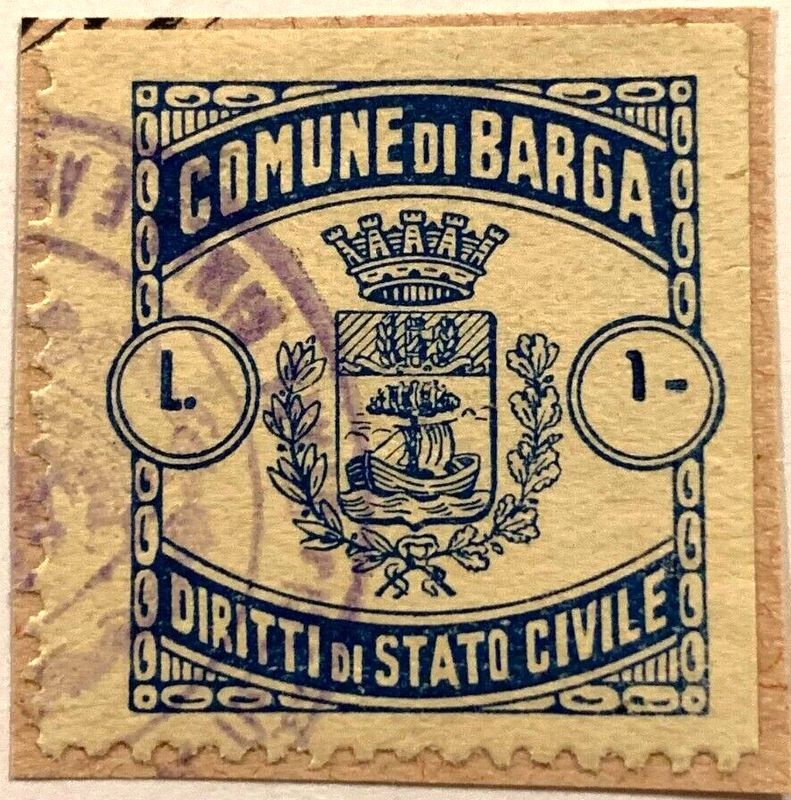 Marca da Bollo del Comune di BARGA su Carta Bianca di dimensioni 23 x 27 mm