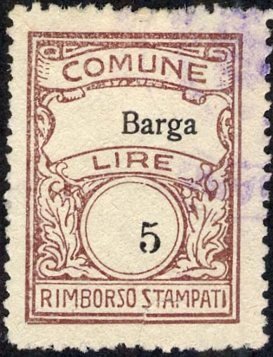 Marca da Bollo del Comune di BARGA su Carta Bianca di dimensioni 21 x 28 mm