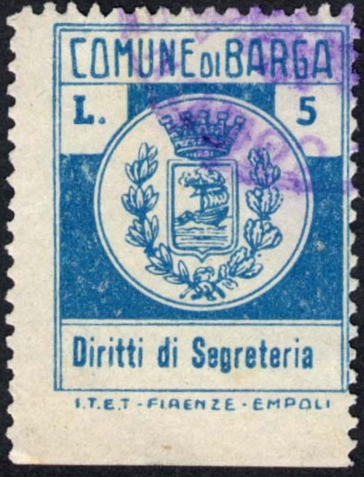 Marca da Bollo del Comune di BARGA su Carta Bianca di dimensioni 22,5 x 29,5 mm