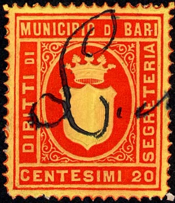 Marca da Bollo del Comune di BARI su Carta Bianca di dimensioni 21 x 25 mm