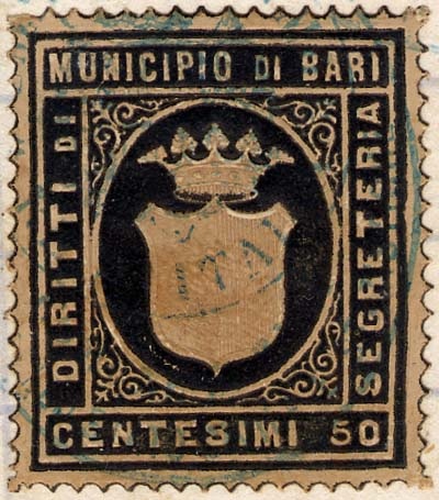 Marca da Bollo del Comune di BARI su Carta Bianca di dimensioni 24 x 28 mm