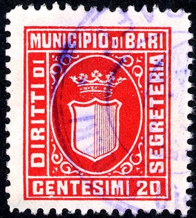 Marca da Bollo del Comune di BARI su Carta Bianca di dimensioni 23,5 x 27,5 mm