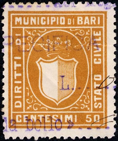 Marca da Bollo del Comune di BARI su Carta Bianca di dimensioni 23,5 x 27 mm