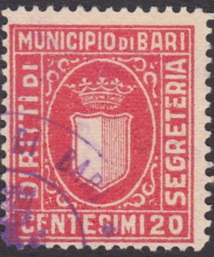 Marca da Bollo del Comune di BARI su Carta Bianca di dimensioni 21 x 25 mm
