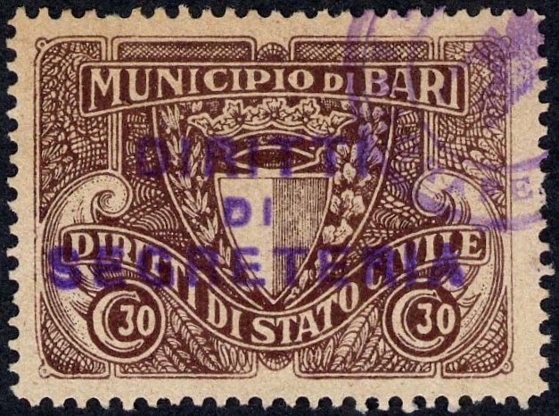 Marca da Bollo del Comune di BARI su Carta Bianca di dimensioni 36 x 25,5 mm