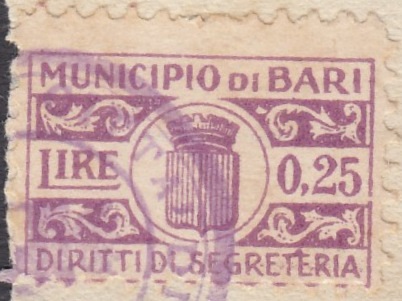 Marca da Bollo del Comune di BARI su Carta Bianca di dimensioni 20 x 13 mm
