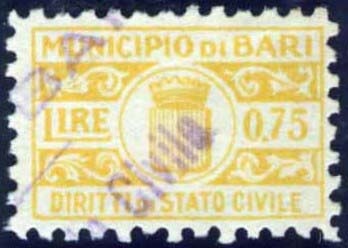 Marca da Bollo del Comune di BARI su Carta Bianca di dimensioni 20 x 13 mm