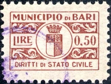 Marca da Bollo del Comune di BARI su Carta Bianca di dimensioni 20 x 16 mm