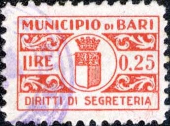 Marca da Bollo del Comune di BARI su Carta Bianca di dimensioni 20 x 13 mm