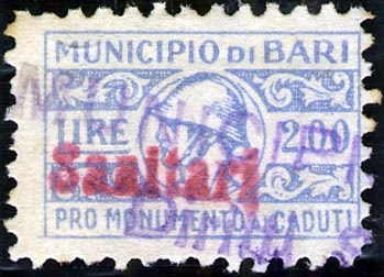 Marca da Bollo del Comune di BARI su Carta Bianca di dimensioni 20 x 13 mm