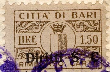 Marca da Bollo del Comune di BARI su Carta Bianca di dimensioni 20 x 13 mm