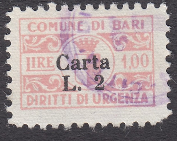 Marca da Bollo del Comune di BARI su Carta Bianca di dimensioni 20 x 13 mm