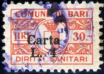 Marca da Bollo del Comune di BARI su Carta Bianca di dimensioni 20 x 13 mm