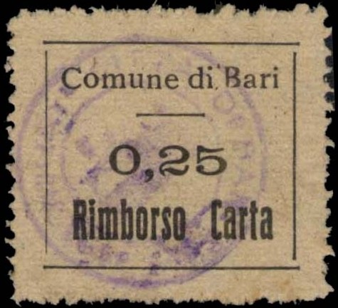 Marca da Bollo del Comune di BARI su Carta Bianca di dimensioni 24 x 21,5 mm