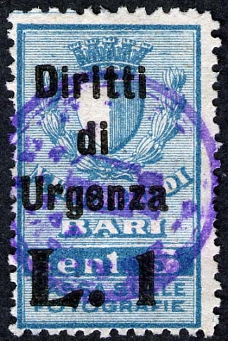 Marca da Bollo del Comune di BARI su Carta Bianca di dimensioni 18 x 30,5 mm