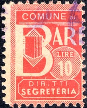 Marca da Bollo del Comune di BARI su Carta Bianca di dimensioni 15 x 20 mm