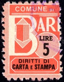 Marca da Bollo del Comune di BARI su Carta Bianca di dimensioni 15 x 20 mm