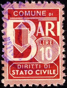 Marca da Bollo del Comune di BARI su Carta Bianca di dimensioni 15 x 20 mm