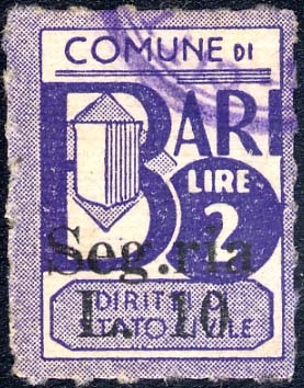 Marca da Bollo del Comune di BARI su Carta Bianca di dimensioni 16 x 21,5 mm