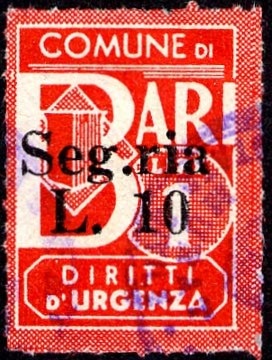 Marca da Bollo del Comune di BARI su Carta Bianca di dimensioni 16 x 21,5 mm