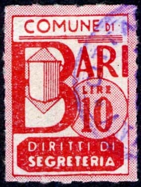 Marca da Bollo del Comune di BARI su di dimensioni 15 x 21 mm