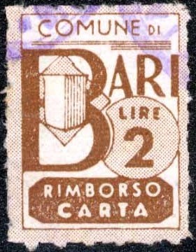 Marca da Bollo del Comune di BARI su Carta Bianca di dimensioni 15 x 21 mm