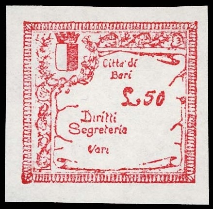 Marca da Bollo del Comune di BARI su Carta Bianca di dimensioni 25 x 23 mm