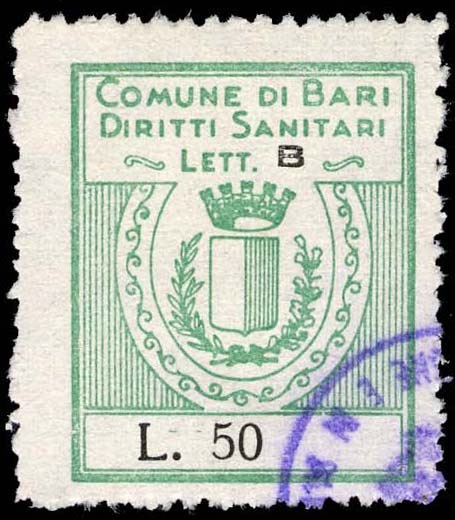 Marca da Bollo del Comune di BARI su Carta Bianca di dimensioni 24 x 29 mm