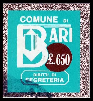 Marca da Bollo del Comune di BARI su Carta Bianca di dimensioni 21 x 23,5 mm