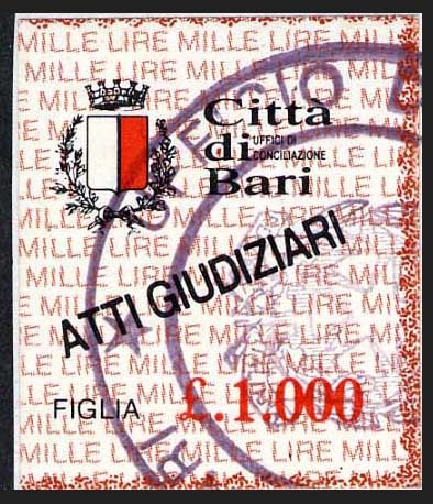 Marca da Bollo del Comune di BARI su Carta Bianca di dimensioni 245 x 30 mm