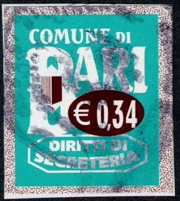 Marca da Bollo del Comune di BARI su Carta Bianca di dimensioni 19 x 23 mm