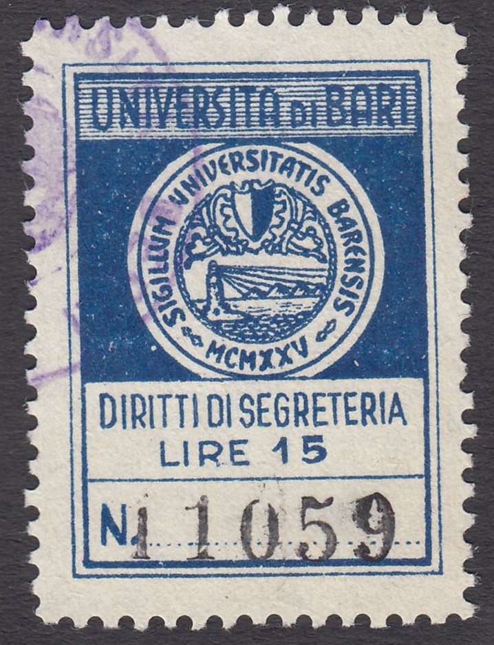 Marca da Bollo del Comune di BARI su Carta Bianca di dimensioni 22,5 x 31,5 mm