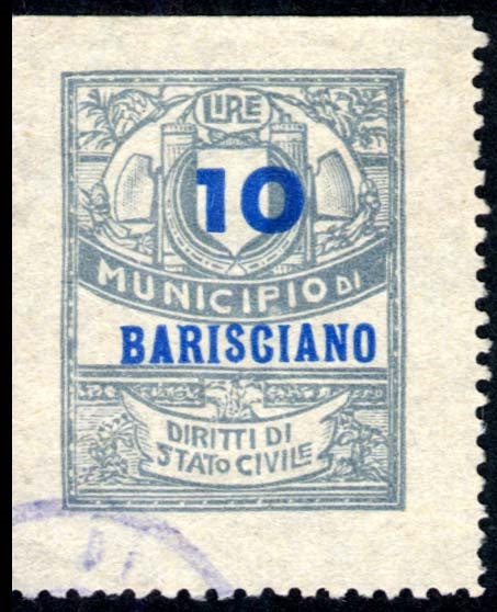 Marca da Bollo del Comune di BARISCIANO su Carta Bianca di dimensioni 22 x 28 mm