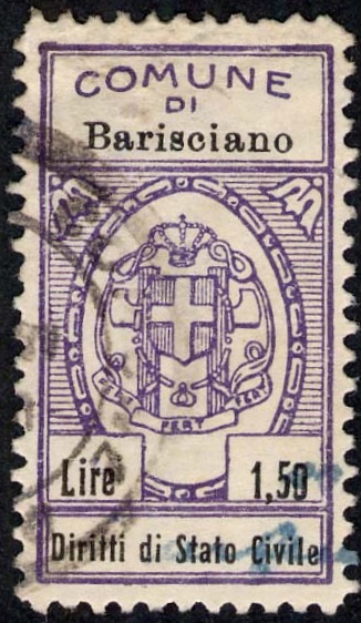 Marca da Bollo del Comune di BARISCIANO su Carta Bianca Sottile di dimensioni 18 x 33 mm
