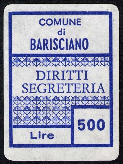 Marca da Bollo del Comune di BARISCIANO su Carta Bianca di dimensioni 22 x 29 mm