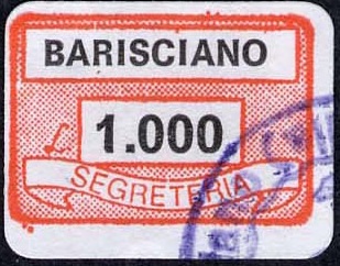 Marca da Bollo del Comune di BARISCIANO su Carta Bianca di dimensioni 19 x 14 mm